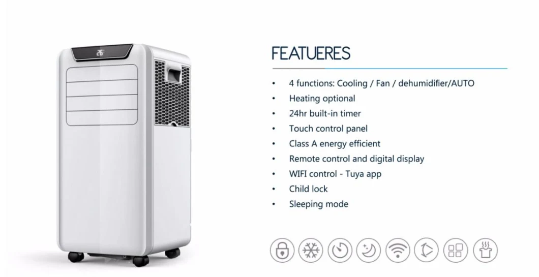 6 in 1new Design Household Mobile Portable Air Conditioner with Child Lock /Display Screen/WiFi/Heating/Cooling/Dehumidifying/Dehumidifier Air Cooler